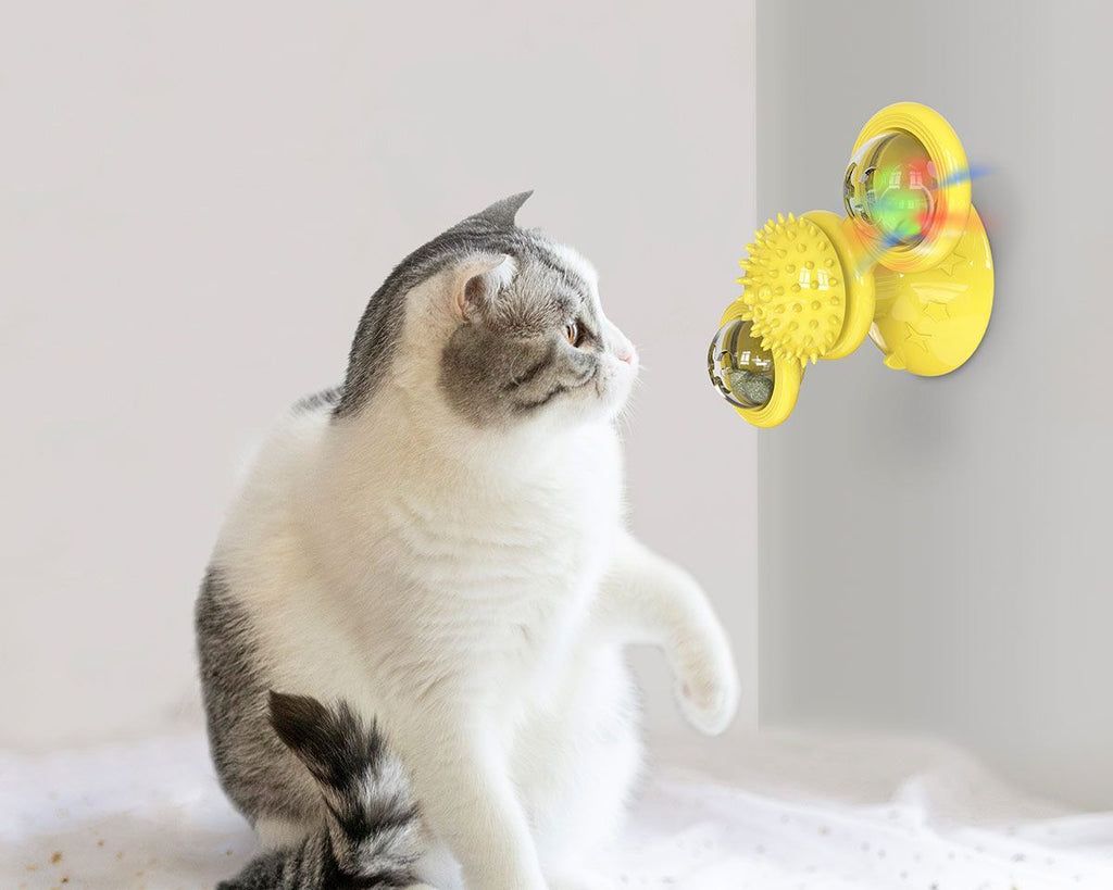 Rotating Suction Cup Cat Toy with Catnip and LED Ball