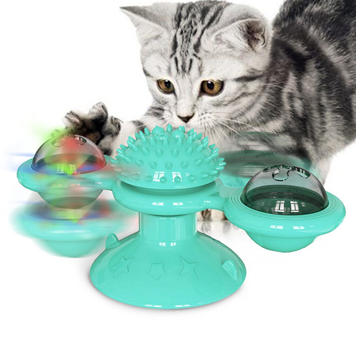 Rotating Suction Cup Cat Toy with Catnip and LED Ball