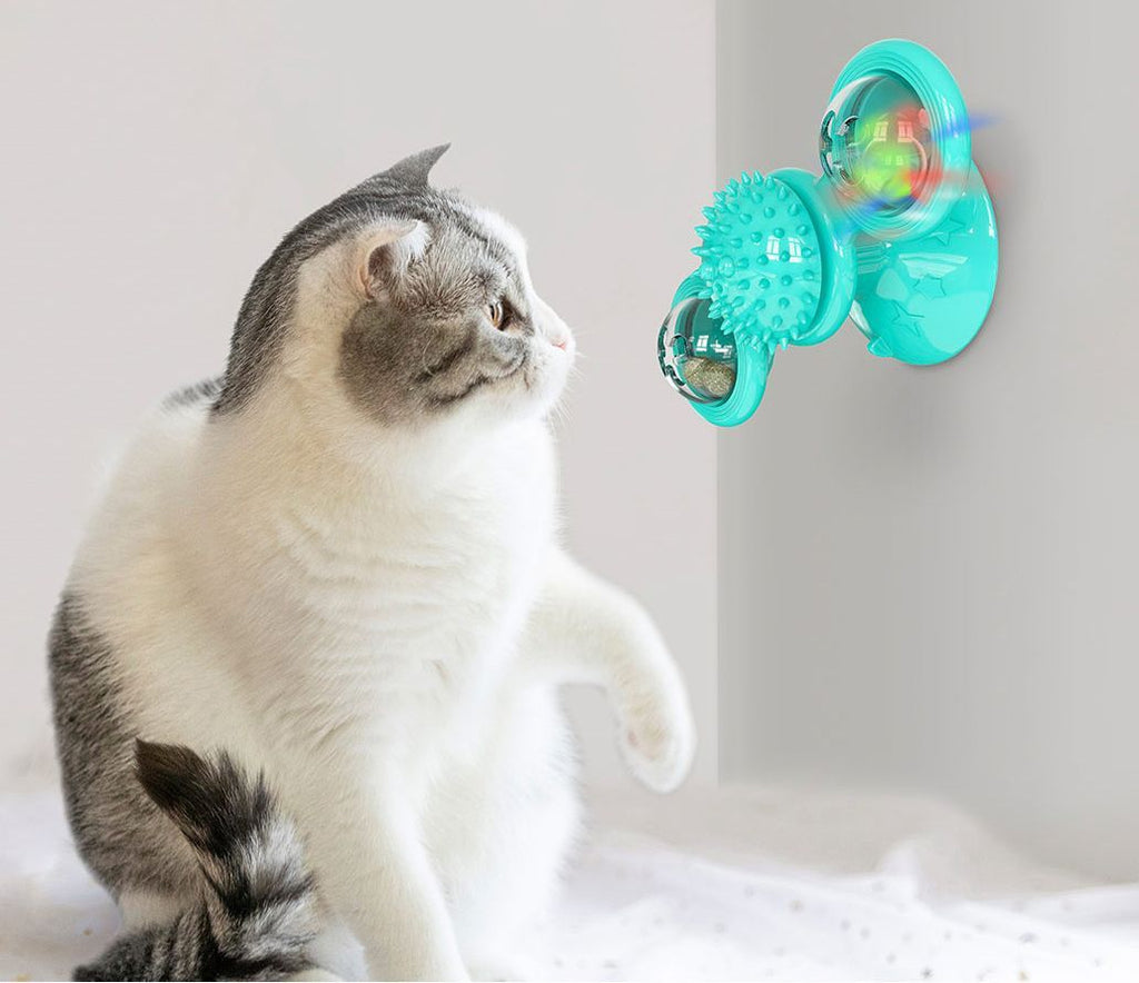 Rotating Suction Cup Cat Toy with Catnip and LED Ball
