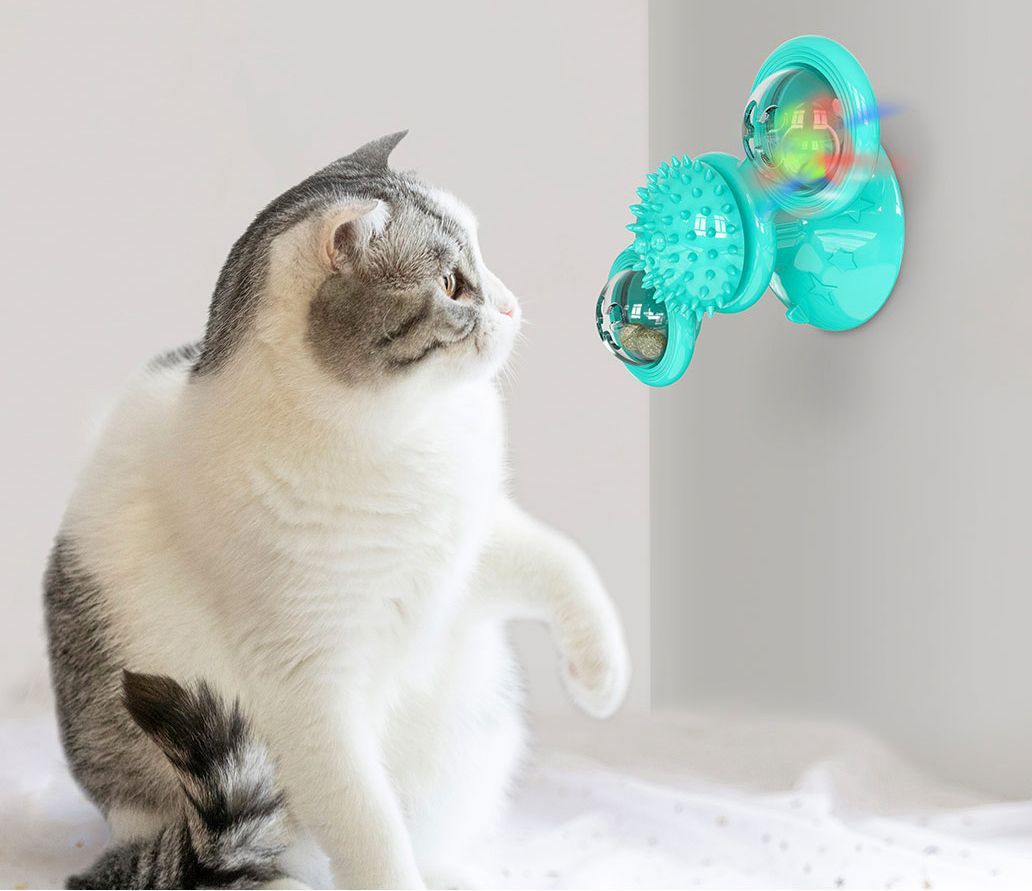 Rotating Suction Cup Cat Toy with Catnip and LED Ball