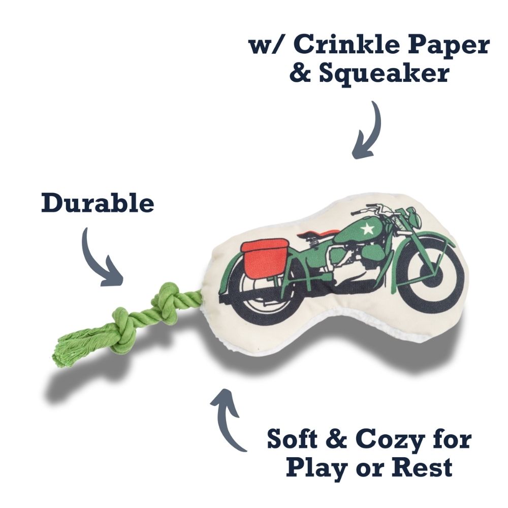 Retro Army Motorcycle Plush Dog Toy with Rope Handle, Medium/Large