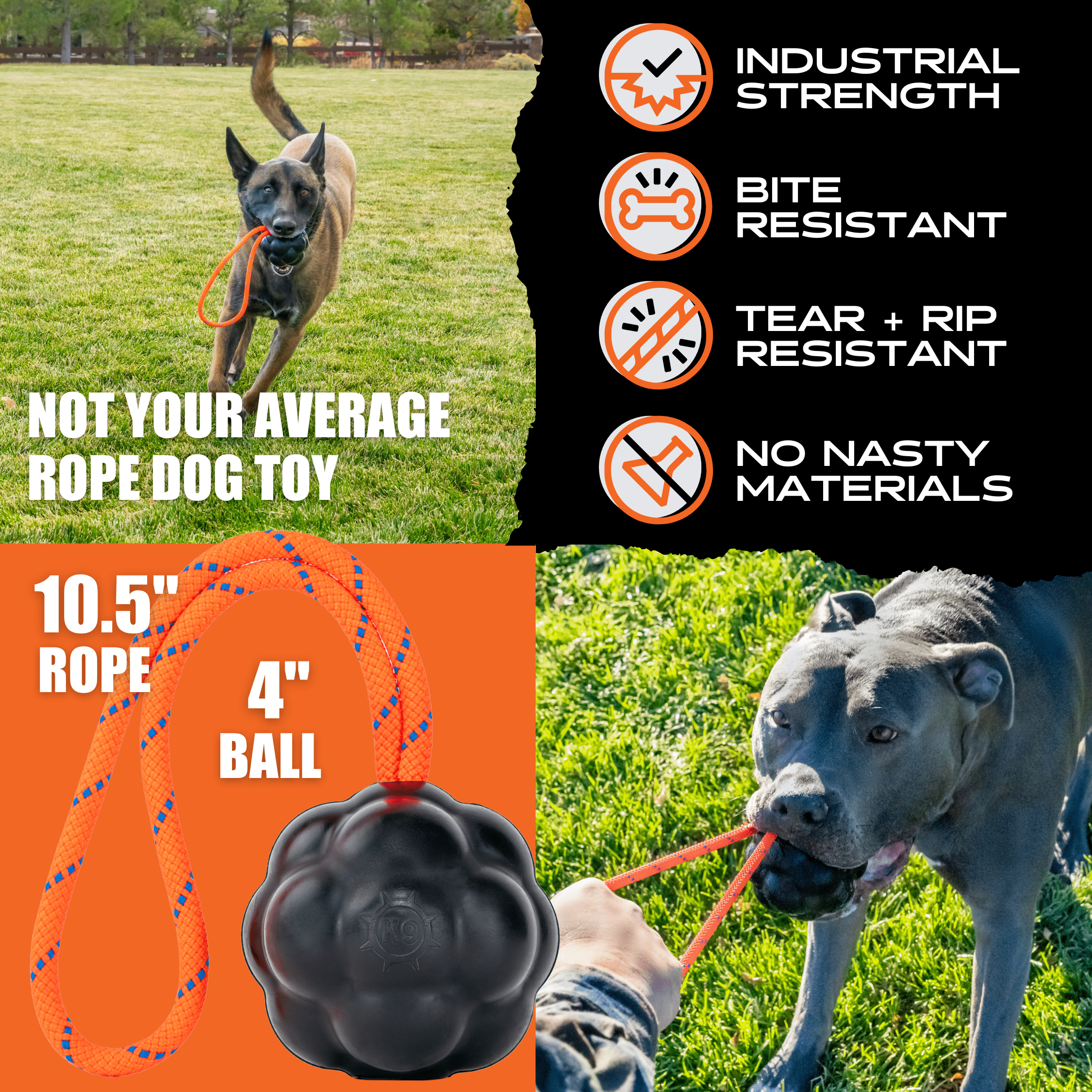 Heavy-Duty Natural Rubber Dog Toy with Rope Handle