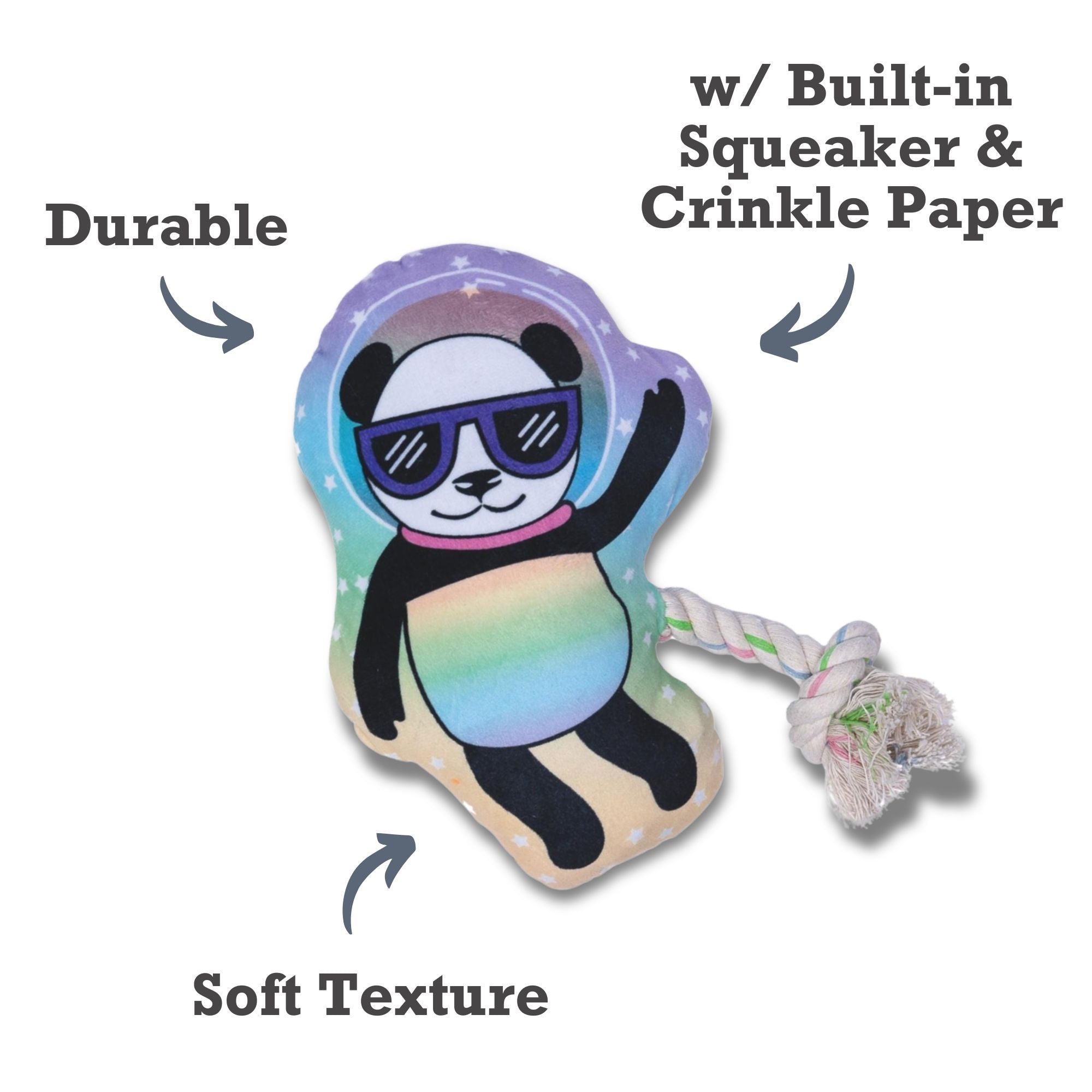 Space Panda Plush Dog Toy with Squeaker and Crinkle Body