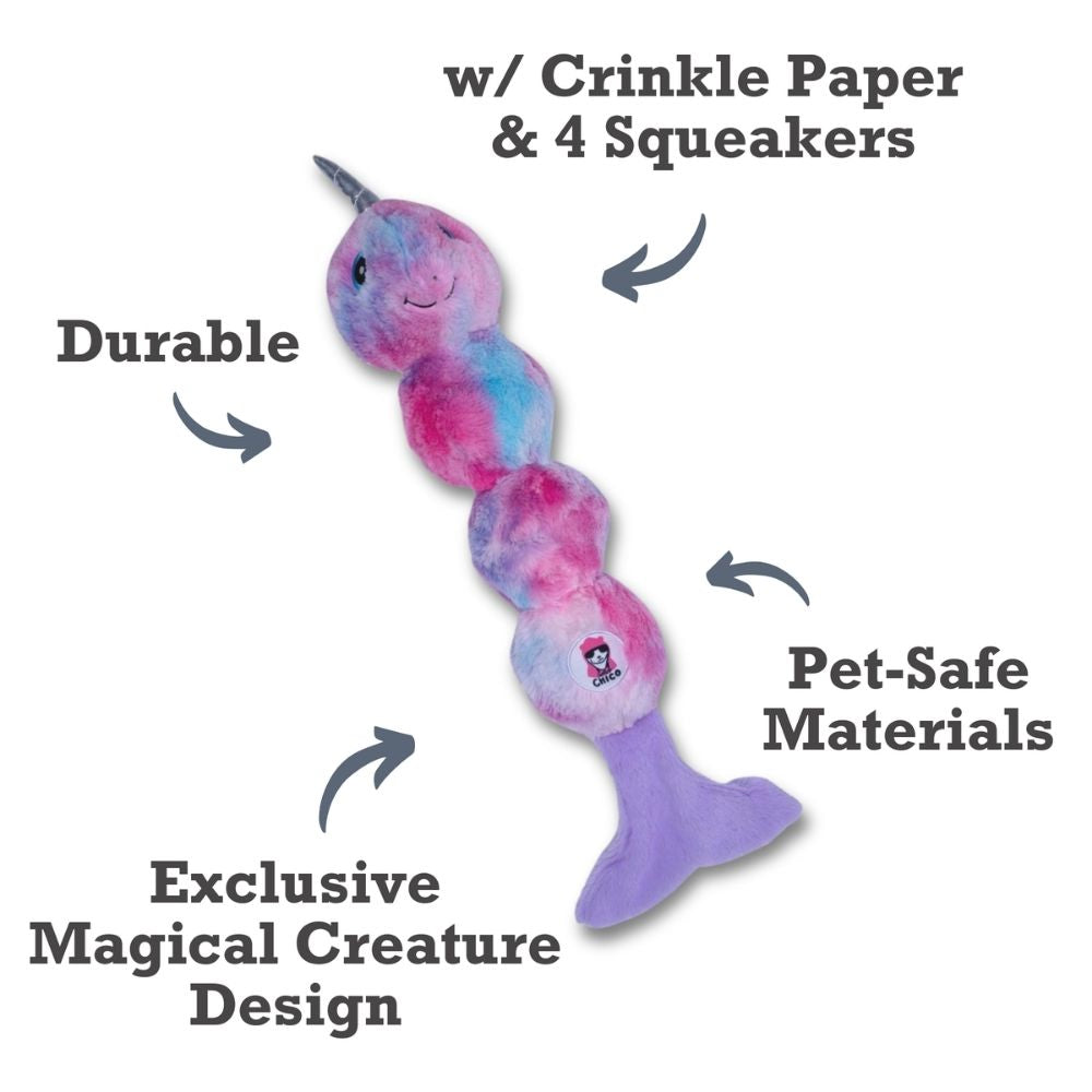 Tie Dye Skinny Narwhal Plush Dog Toy for Medium & Large Dogs