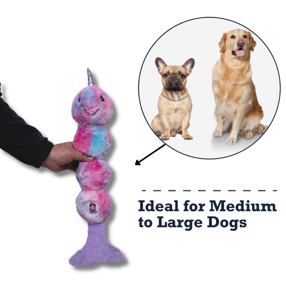 Tie Dye Skinny Narwhal Plush Dog Toy for Medium & Large Dogs