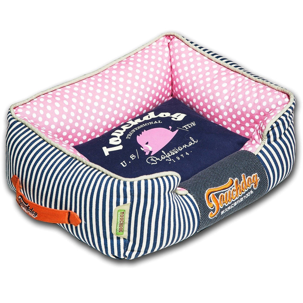 Touchdog Polka-Striped Rectangular Dog Bed with Removable Cushion