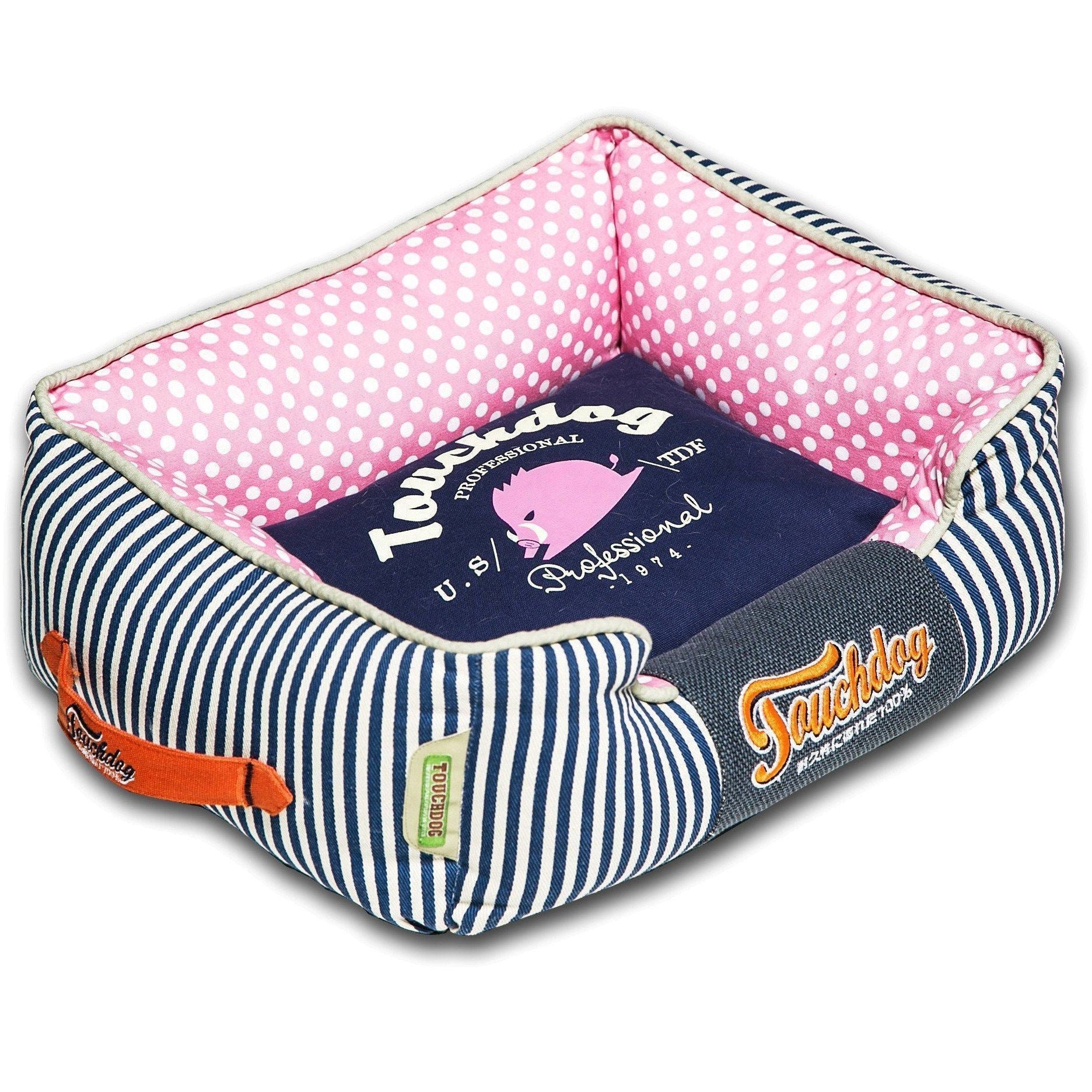 Touchdog Polka-Striped Rectangular Dog Bed with Removable Cushion