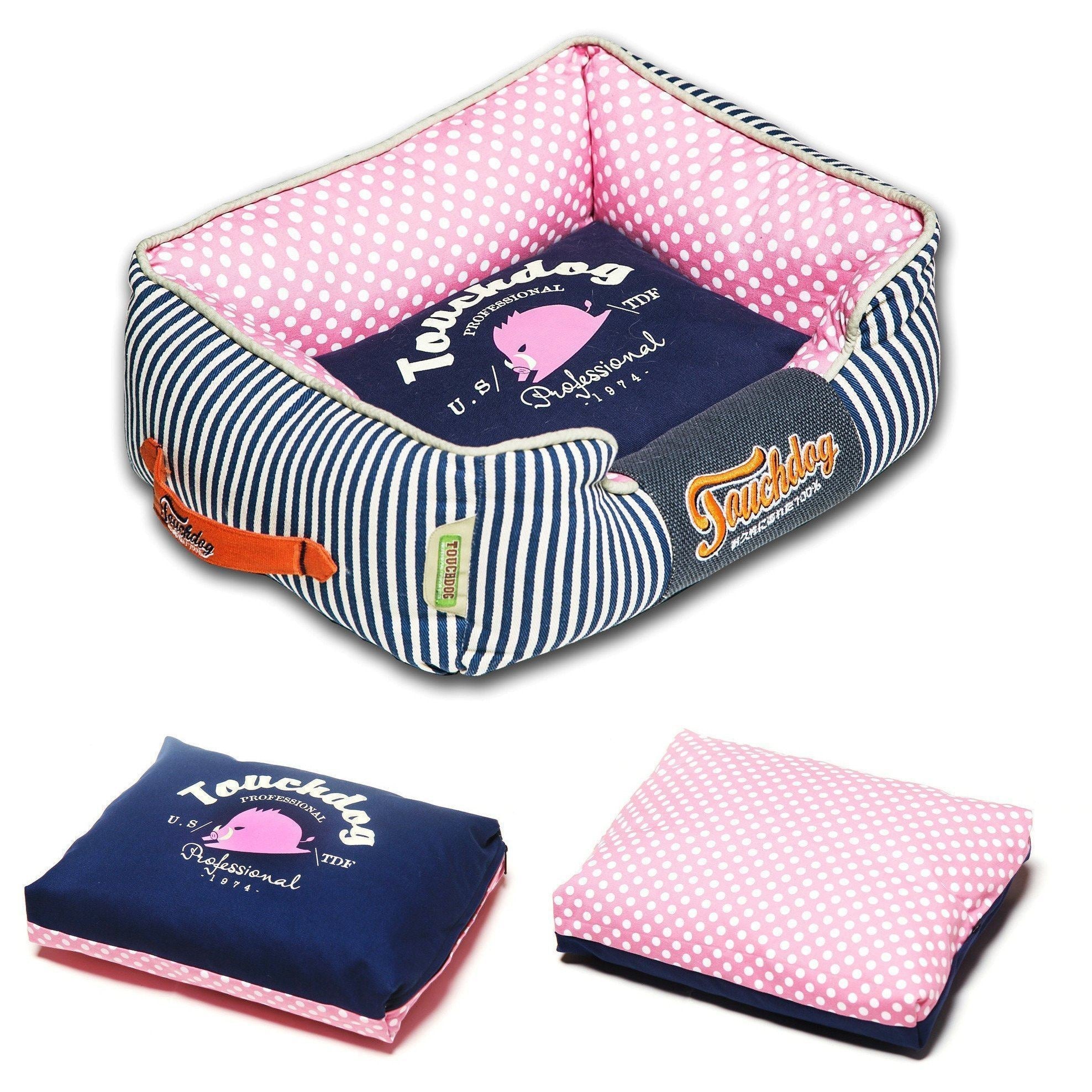 Touchdog Polka-Striped Rectangular Dog Bed with Removable Cushion