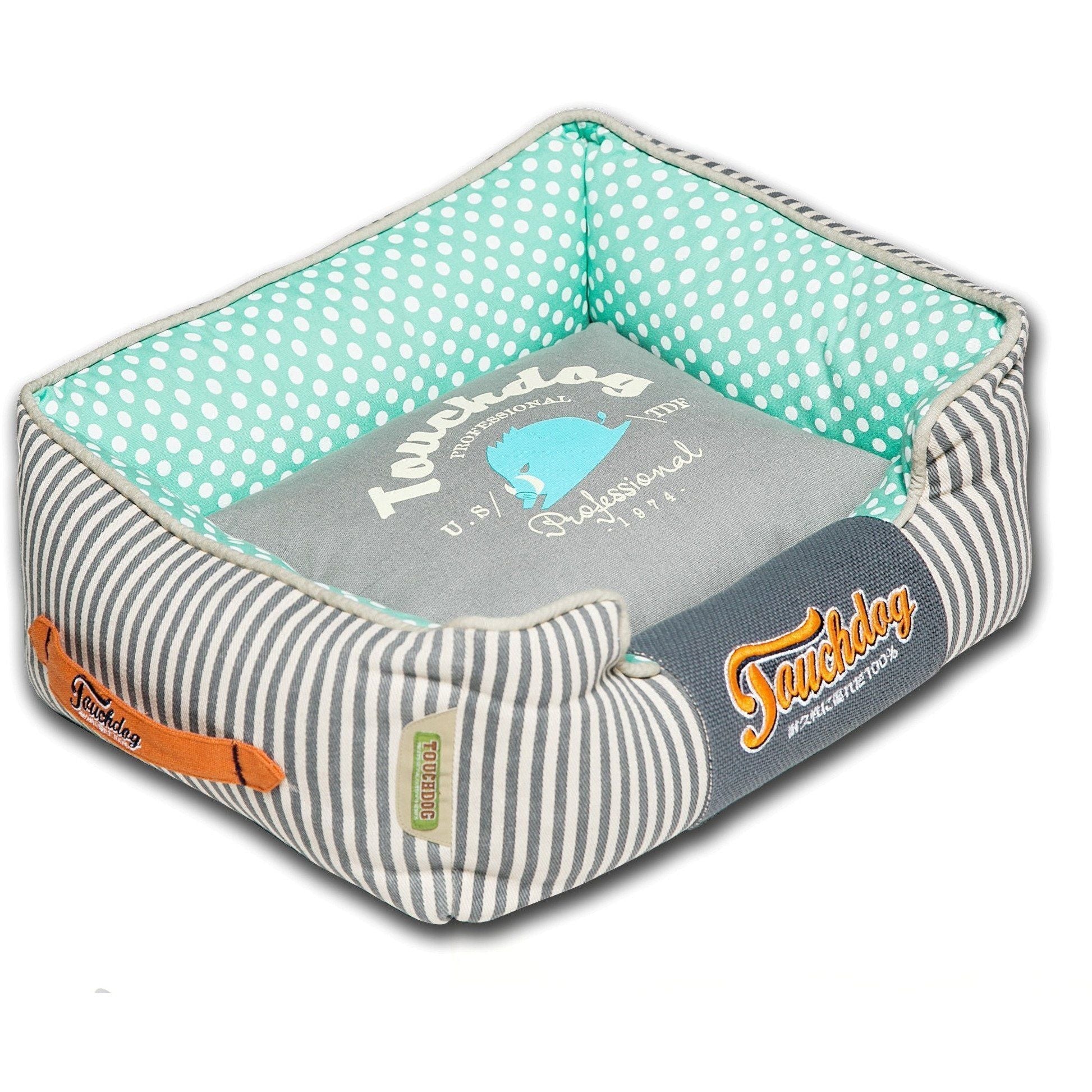 Touchdog Polka-Striped Rectangular Dog Bed with Removable Cushion
