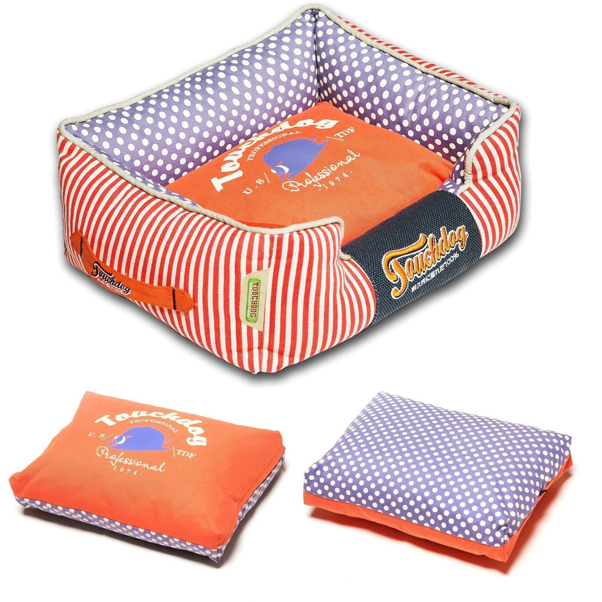 Touchdog Polka-Striped Rectangular Dog Bed with Removable Cushion