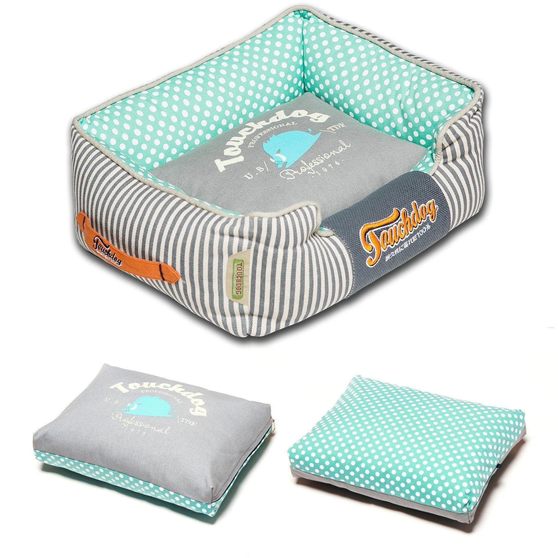 Touchdog Polka-Striped Rectangular Dog Bed with Removable Cushion