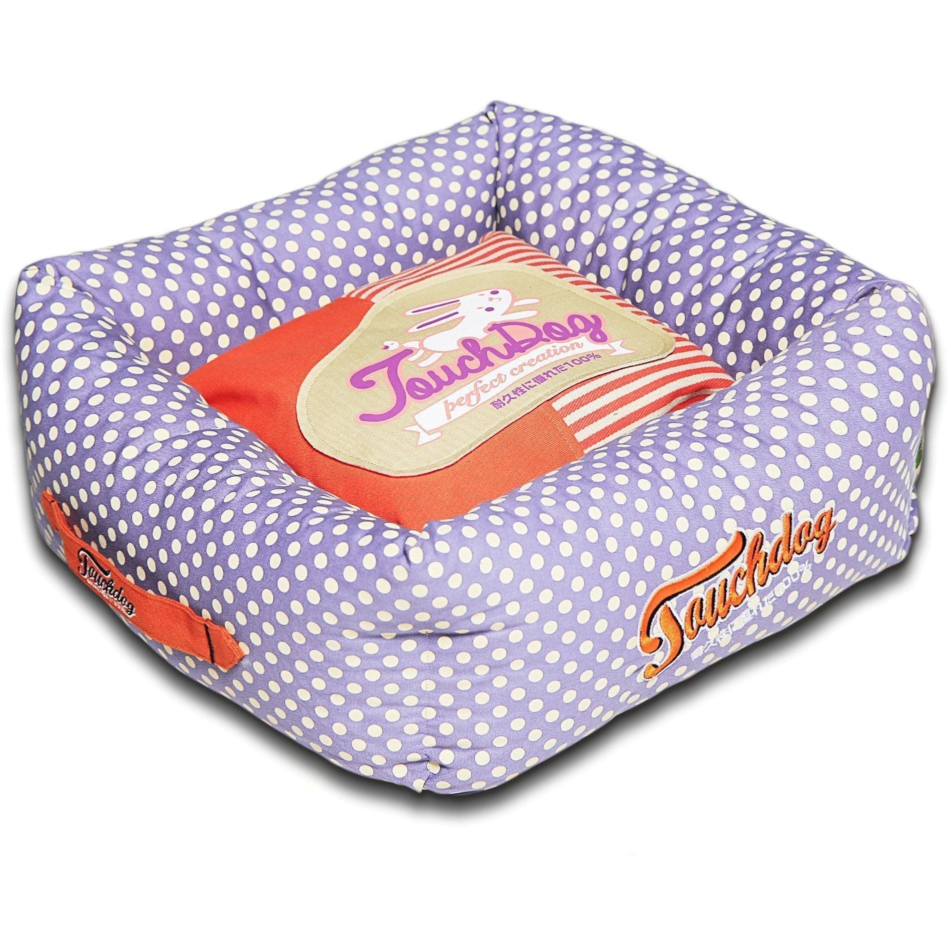 Squared Dog Bed with Reversible Cushion, Polka-Striped Print