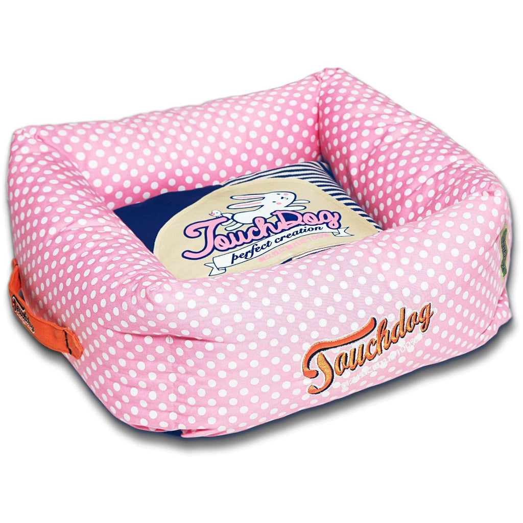 Squared Dog Bed with Reversible Cushion, Polka-Striped Print