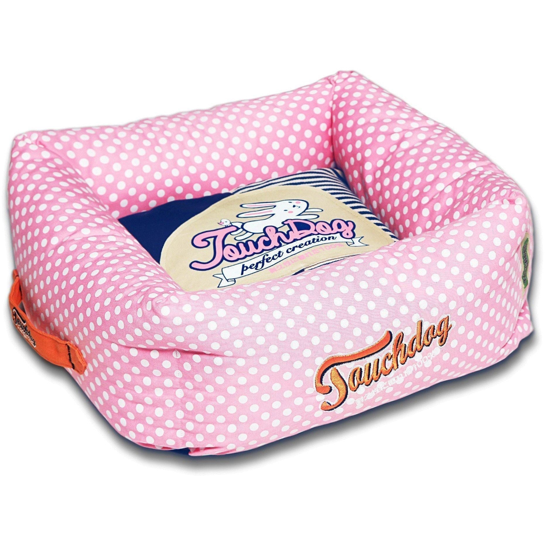 Squared Dog Bed with Reversible Cushion, Polka-Striped Print