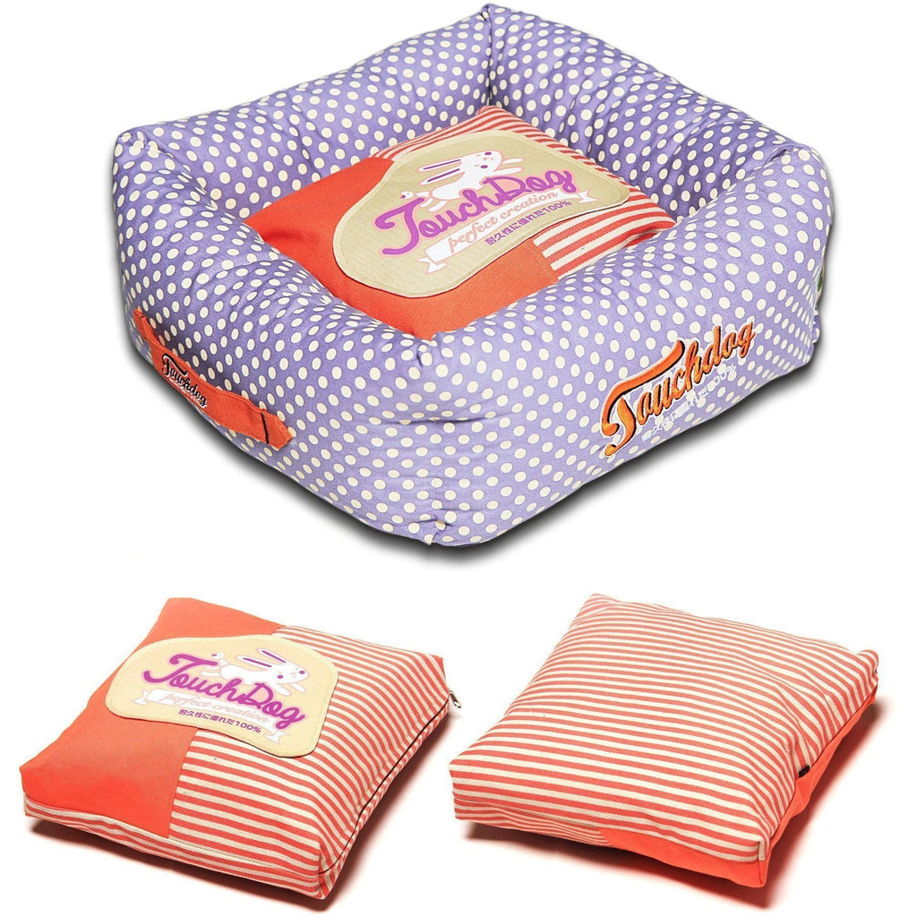 Squared Dog Bed with Reversible Cushion, Polka-Striped Print