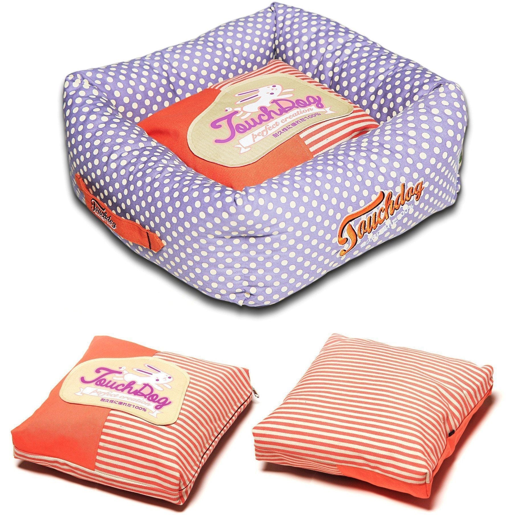 Squared Dog Bed with Reversible Cushion, Polka-Striped Print