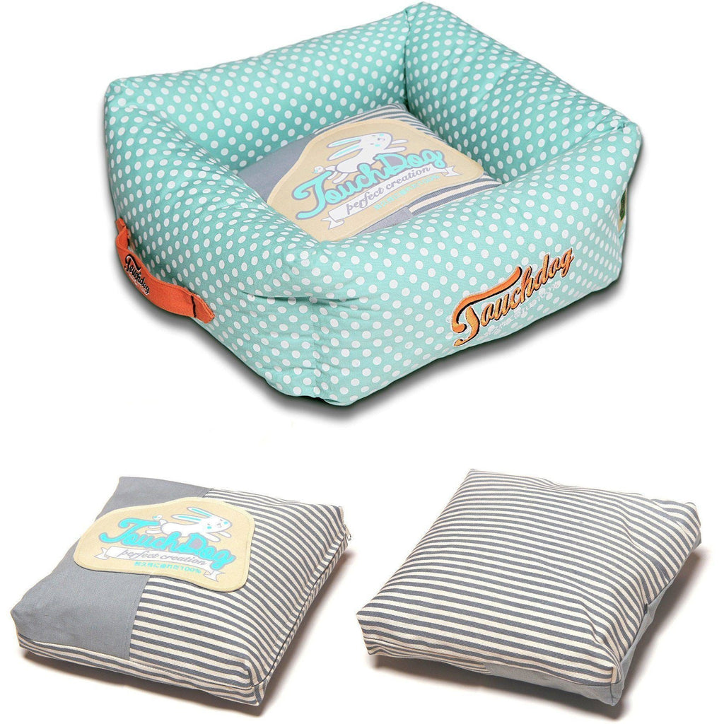 Squared Dog Bed with Reversible Cushion, Polka-Striped Print