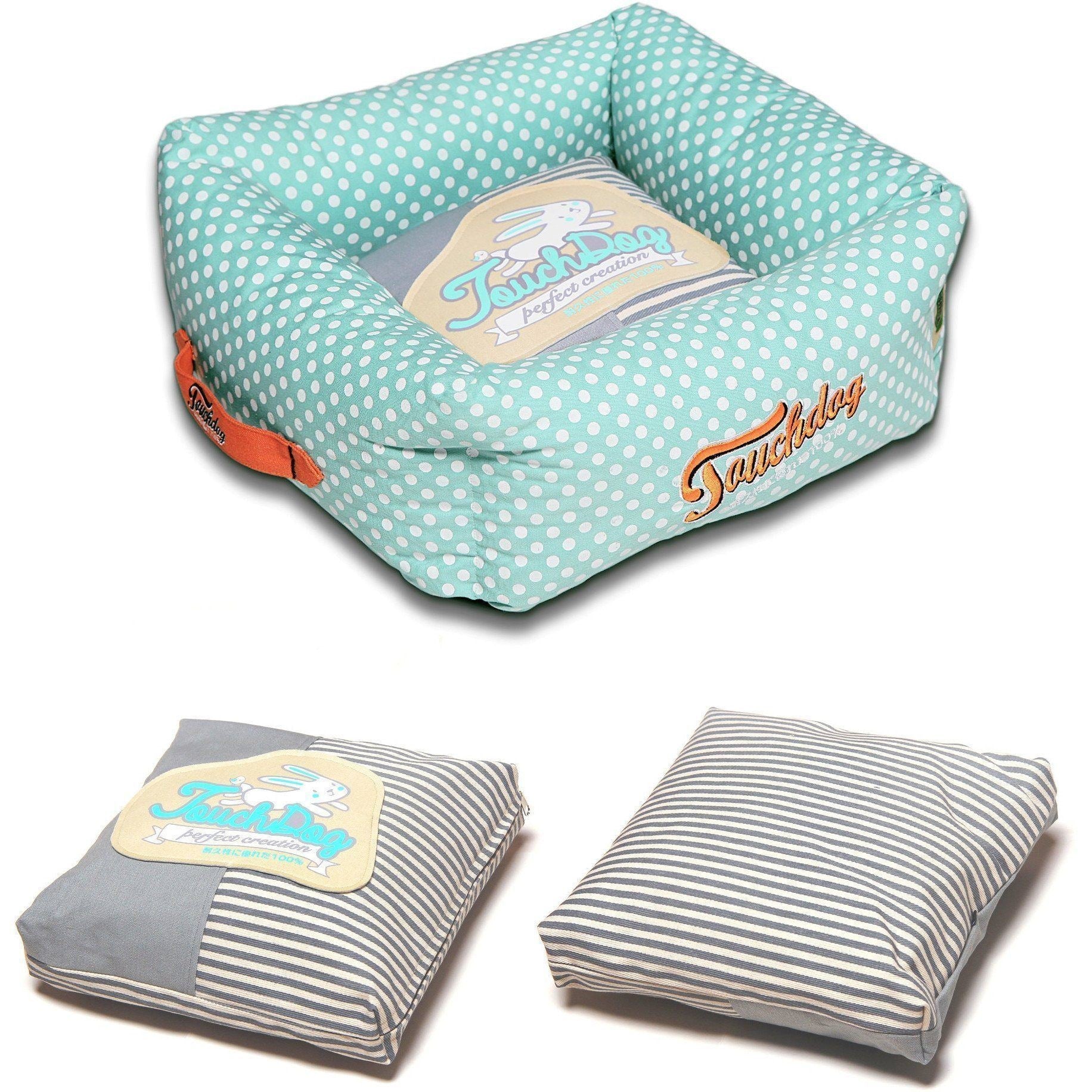 Squared Dog Bed with Reversible Cushion, Polka-Striped Print