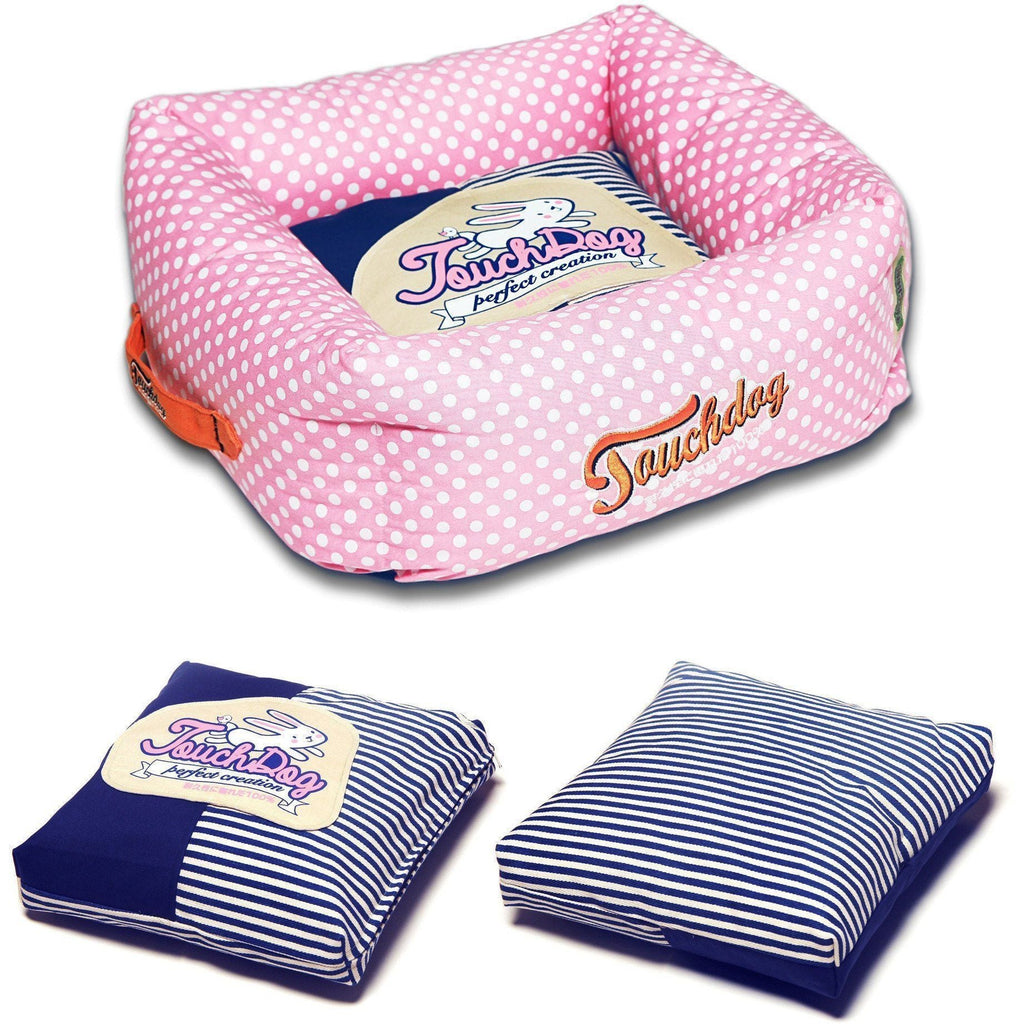 Squared Dog Bed with Reversible Cushion, Polka-Striped Print