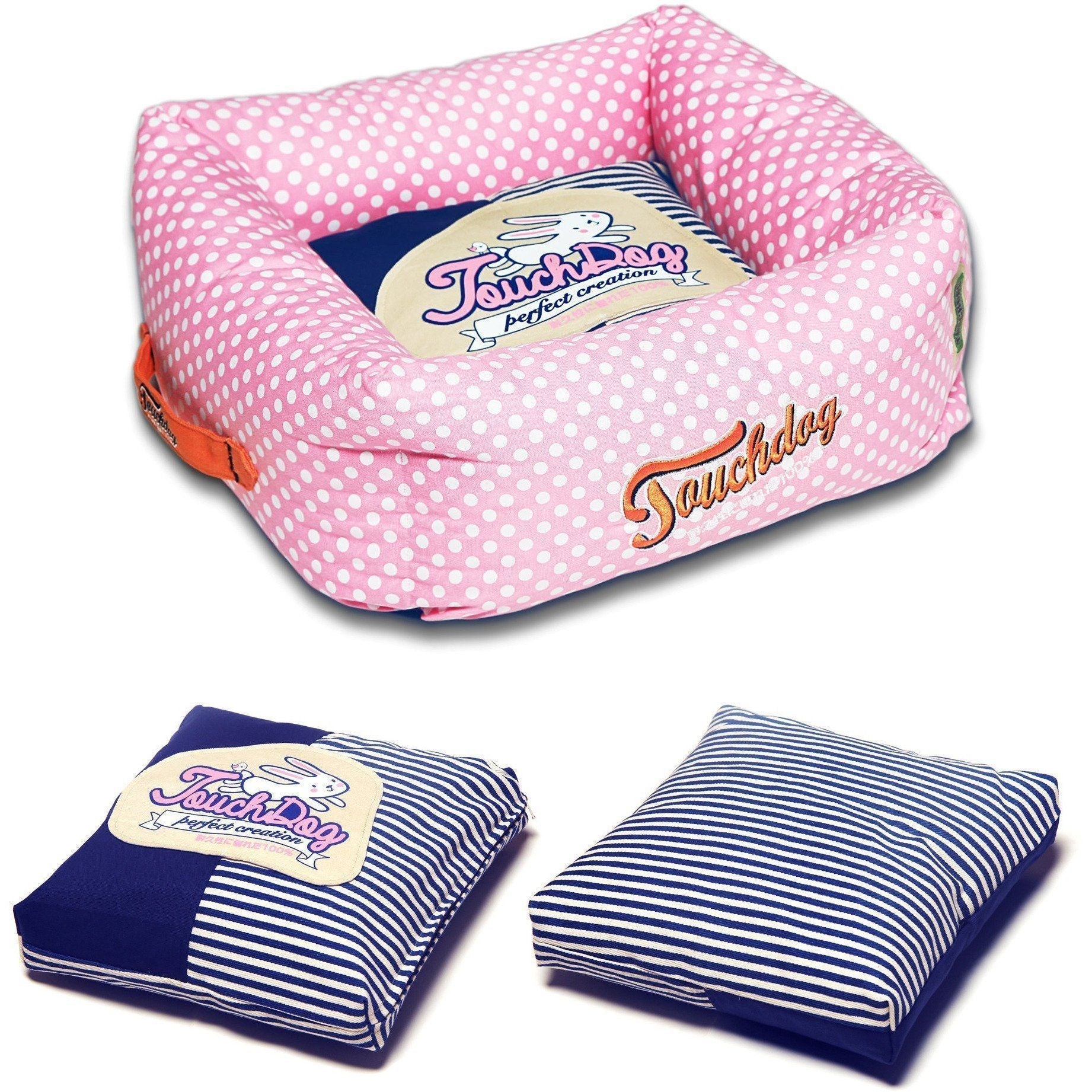 Squared Dog Bed with Reversible Cushion, Polka-Striped Print