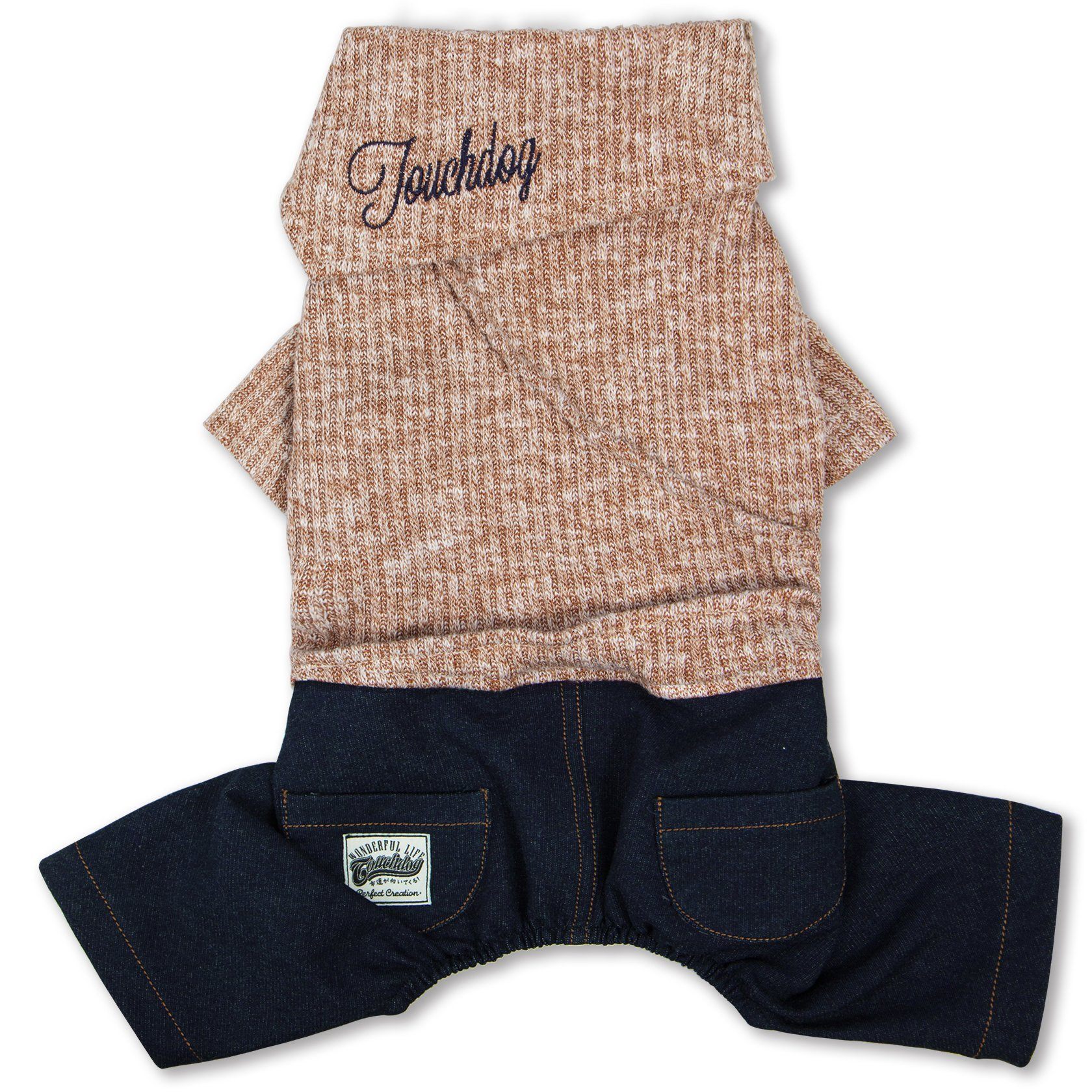 Touchdog Vogue Neck-Wrap Dog Sweater with Denim Pants