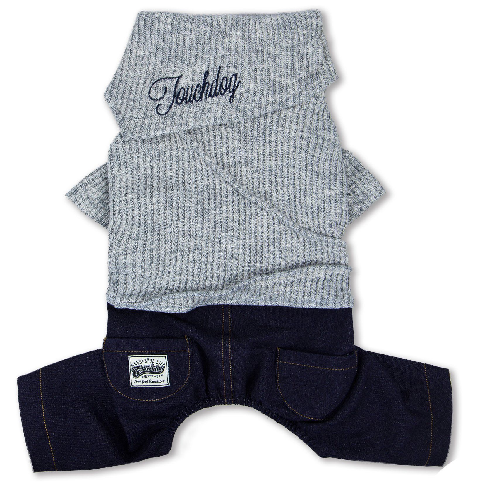 Touchdog Vogue Neck-Wrap Dog Sweater with Denim Pants