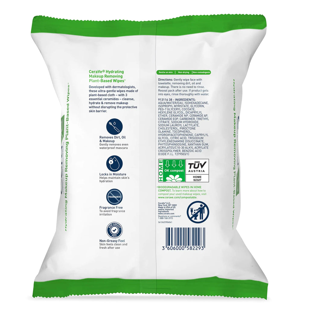 CeraVe Hydrating Makeup Remover Wipes for Sensitive Skin, 25 Pack