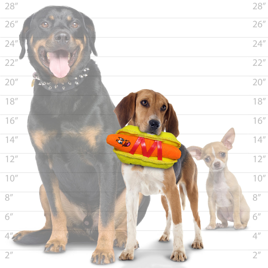 Tuffy Funny Food HotDog — dog size guide