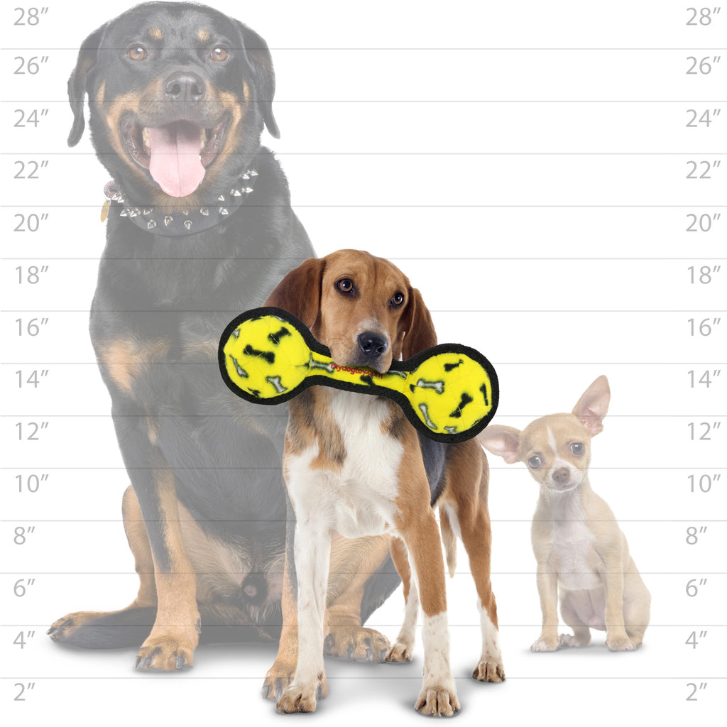 Tuffy Jr 2 Ball Tug Yellow Bone — dog size guide