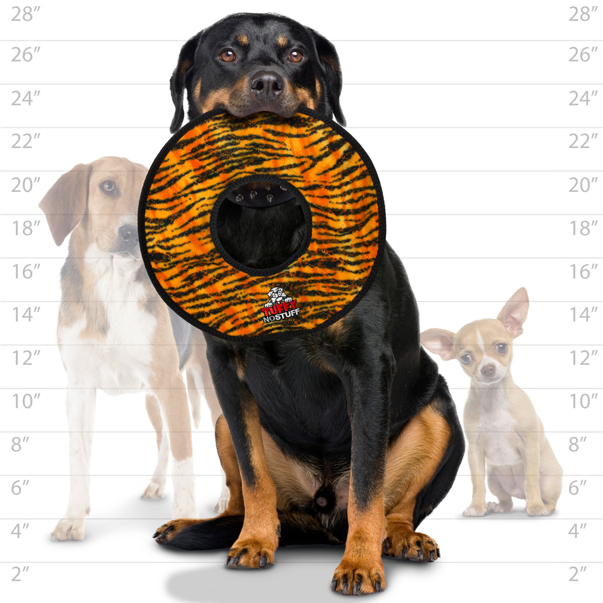 Tuffy No Stuff Mega Ring Tiger — dog size guide