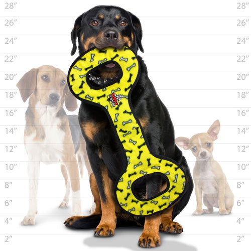 Tuffy No Stuff Ultimate Tug-O-War Yellow Bone — dog size guide
