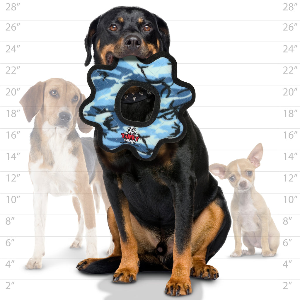 Tuffy Ultimate Gear Ring Camo Blue — dog size guide