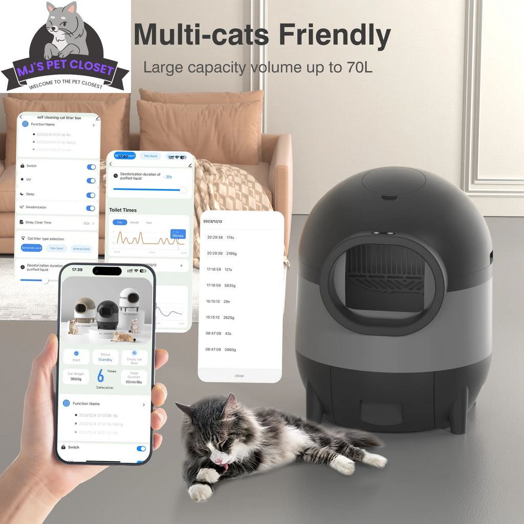 Self-Cleaning Cat Litter Box with App Control, 60L Capacity