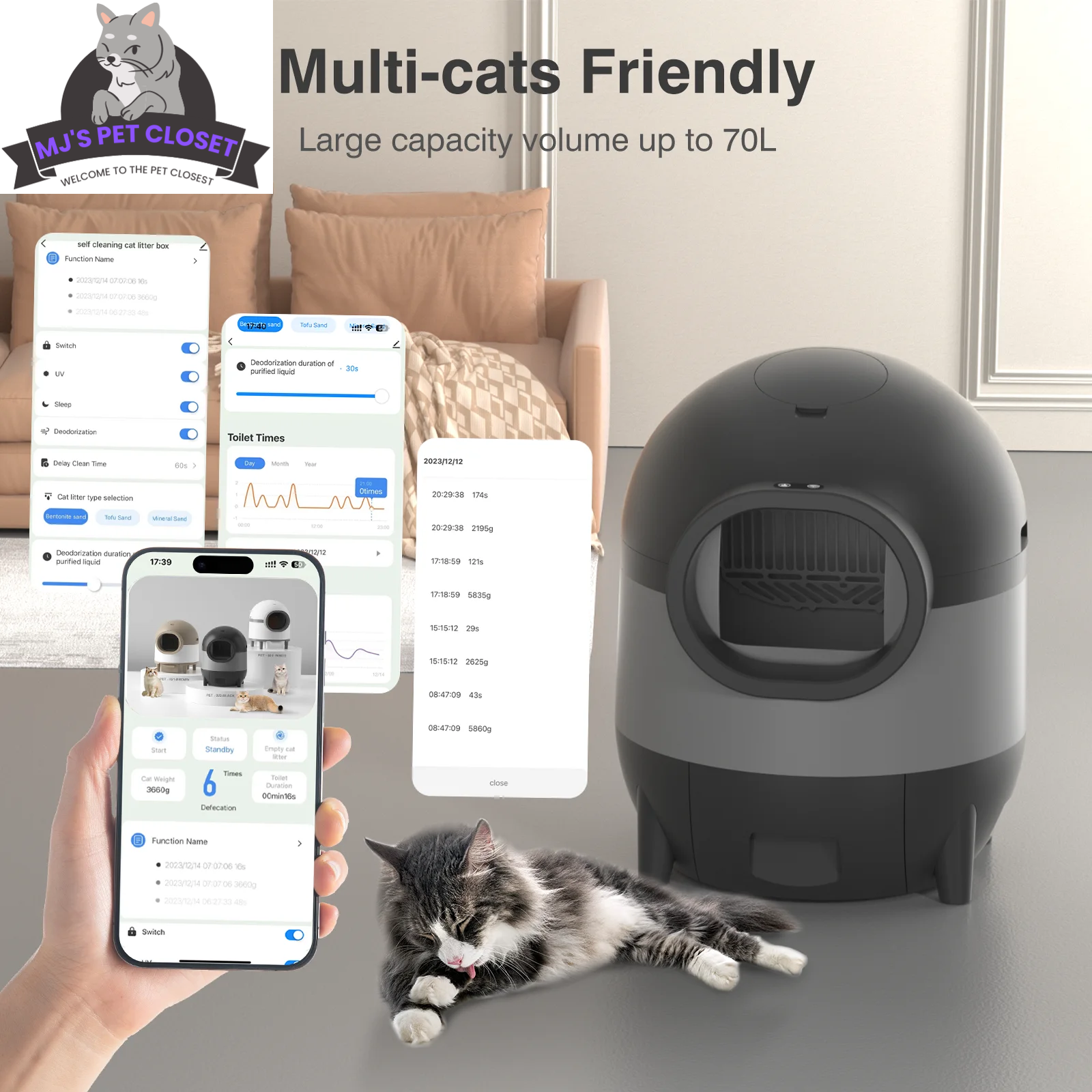 Self-Cleaning Cat Litter Box with App Control, 60L Capacity