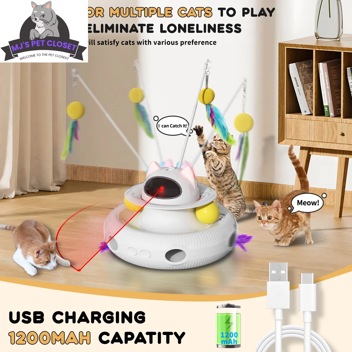 4-in-1 Interactive Cat Toy with Laser, Feather Wand, and Track Ball
