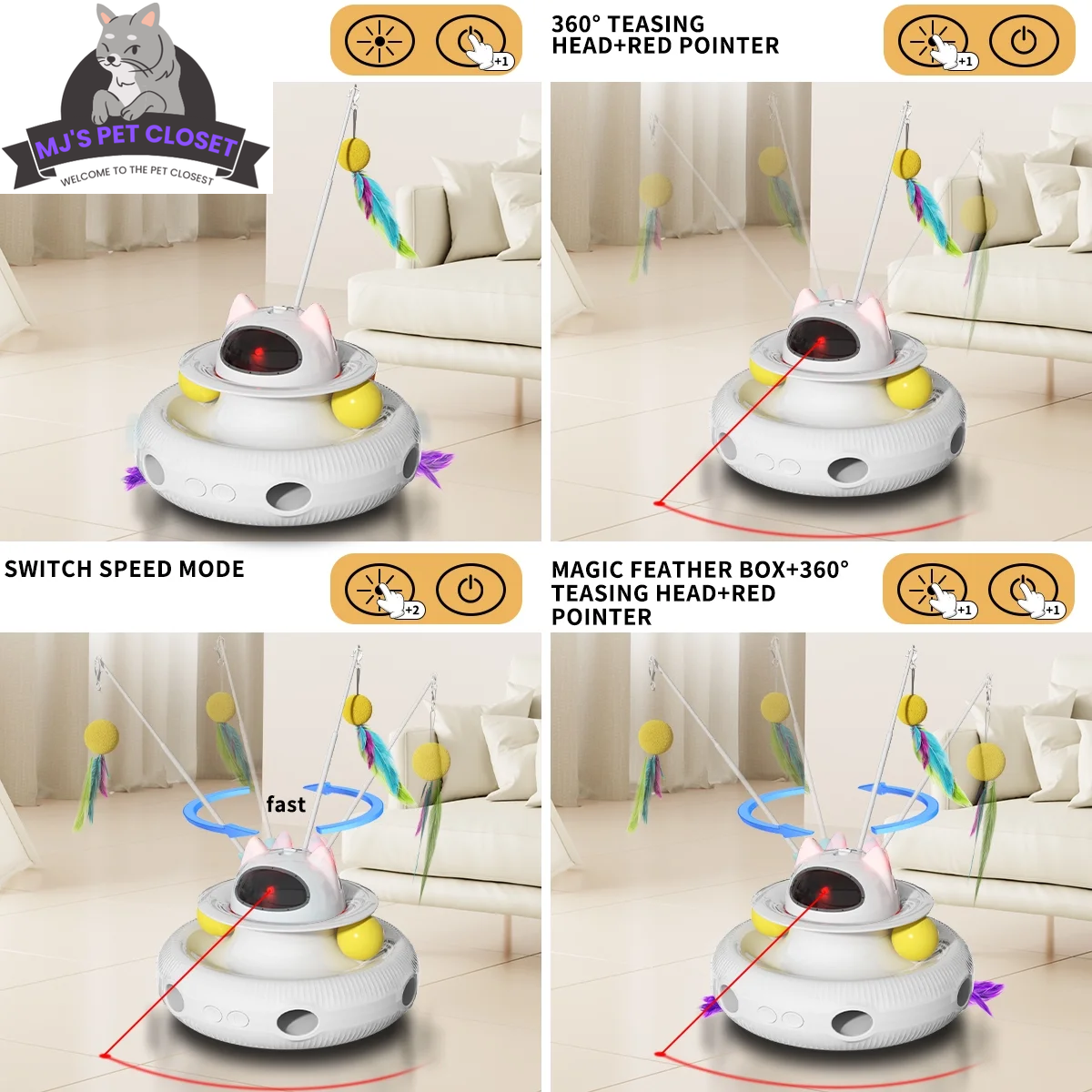 4-in-1 Interactive Cat Toy with Laser, Feather Wand, and Track Ball