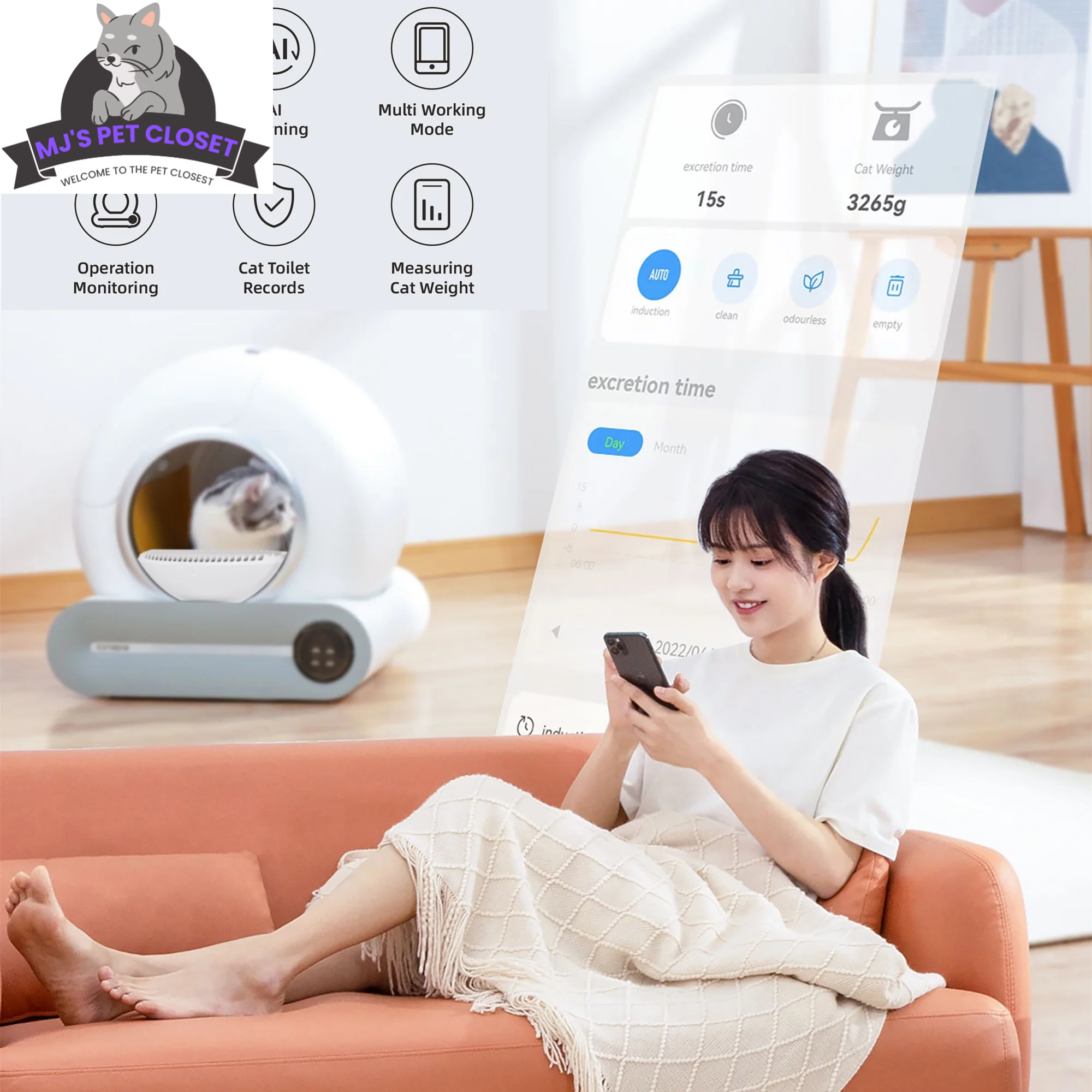 Self-Cleaning Cat Litter Box with App Control, 65L Capacity