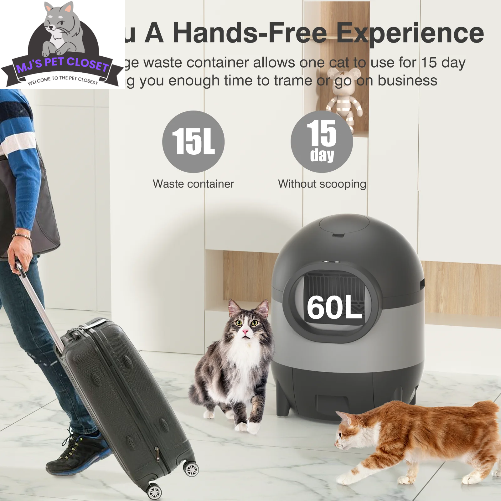 Self-Cleaning Cat Litter Box with App Control, 60L Capacity