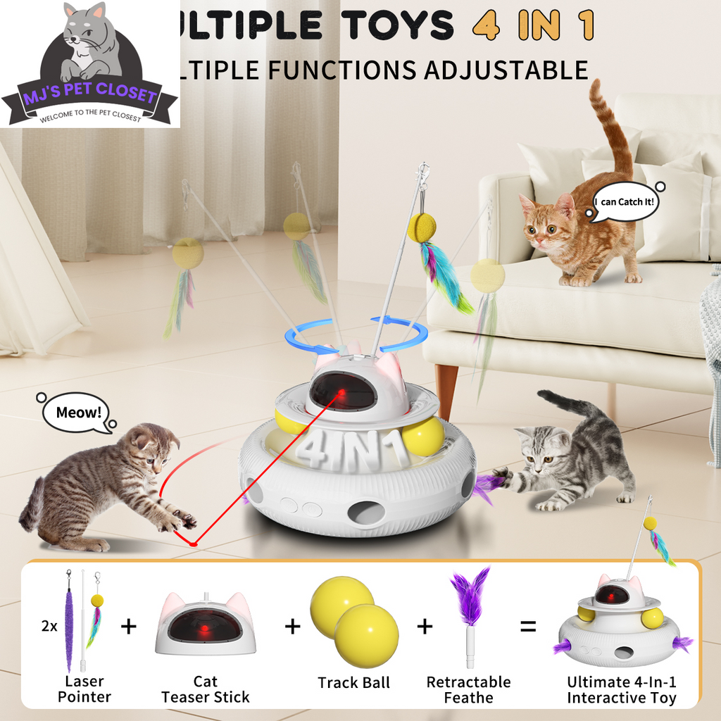 4-in-1 Interactive Cat Toy with Laser, Feather Wand, and Track Ball