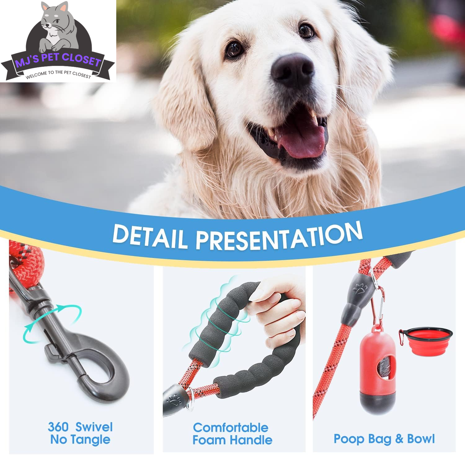 2-Pack 5ft Reflective Nylon Rope Dog Leash Set with Accessories