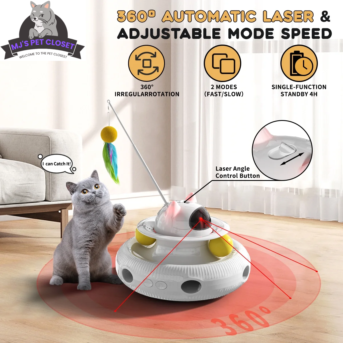 4-in-1 Interactive Cat Toy with Laser, Feather Wand, and Track Ball
