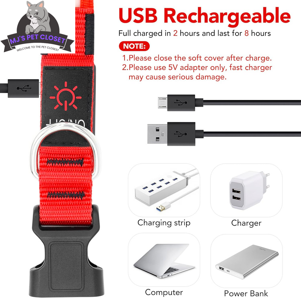 LED Dog Collar with USB Rechargeable Light, Adjustable Fit