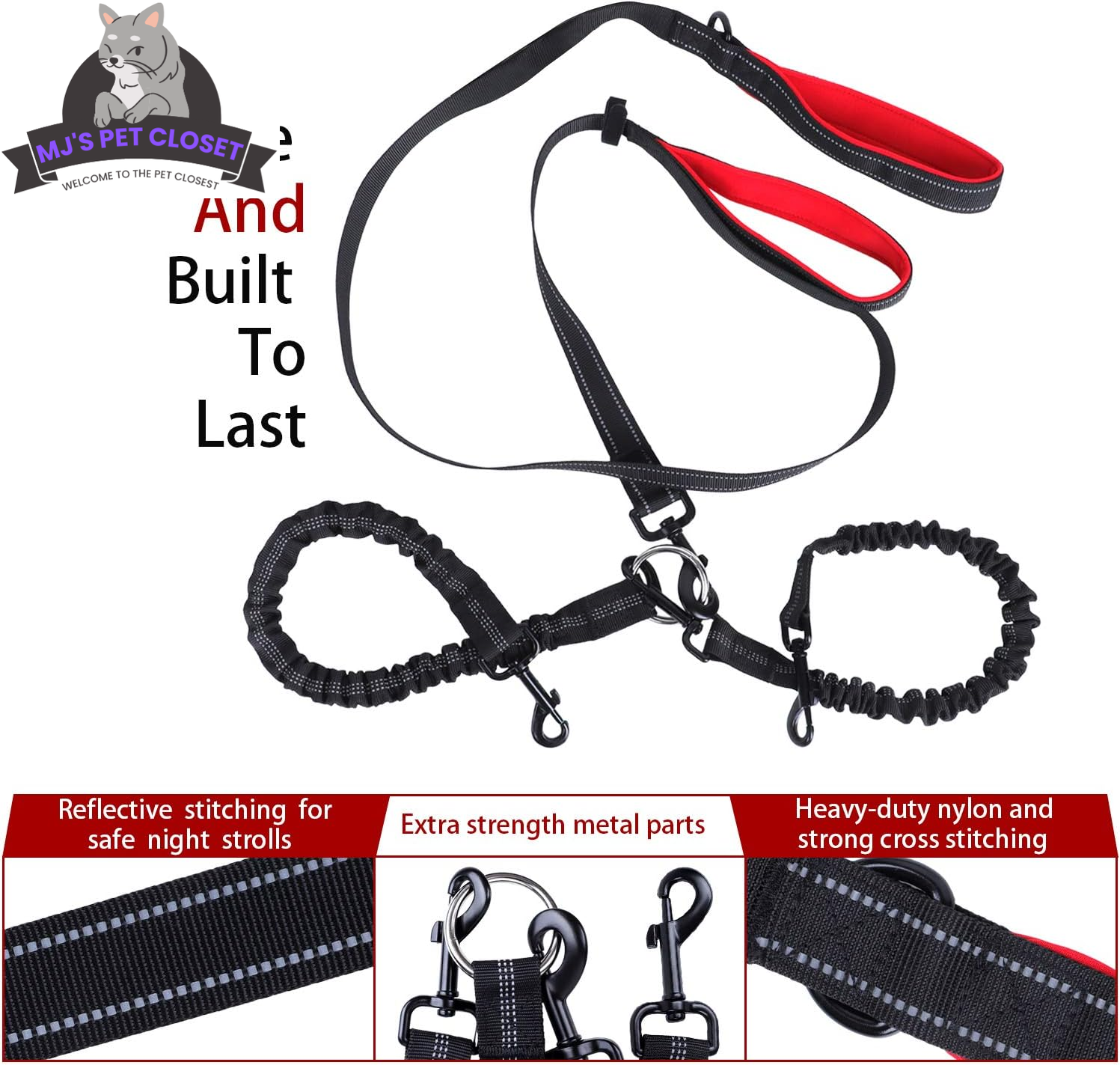 Double Dog Leash with Waist Belt and Reflective Stitching