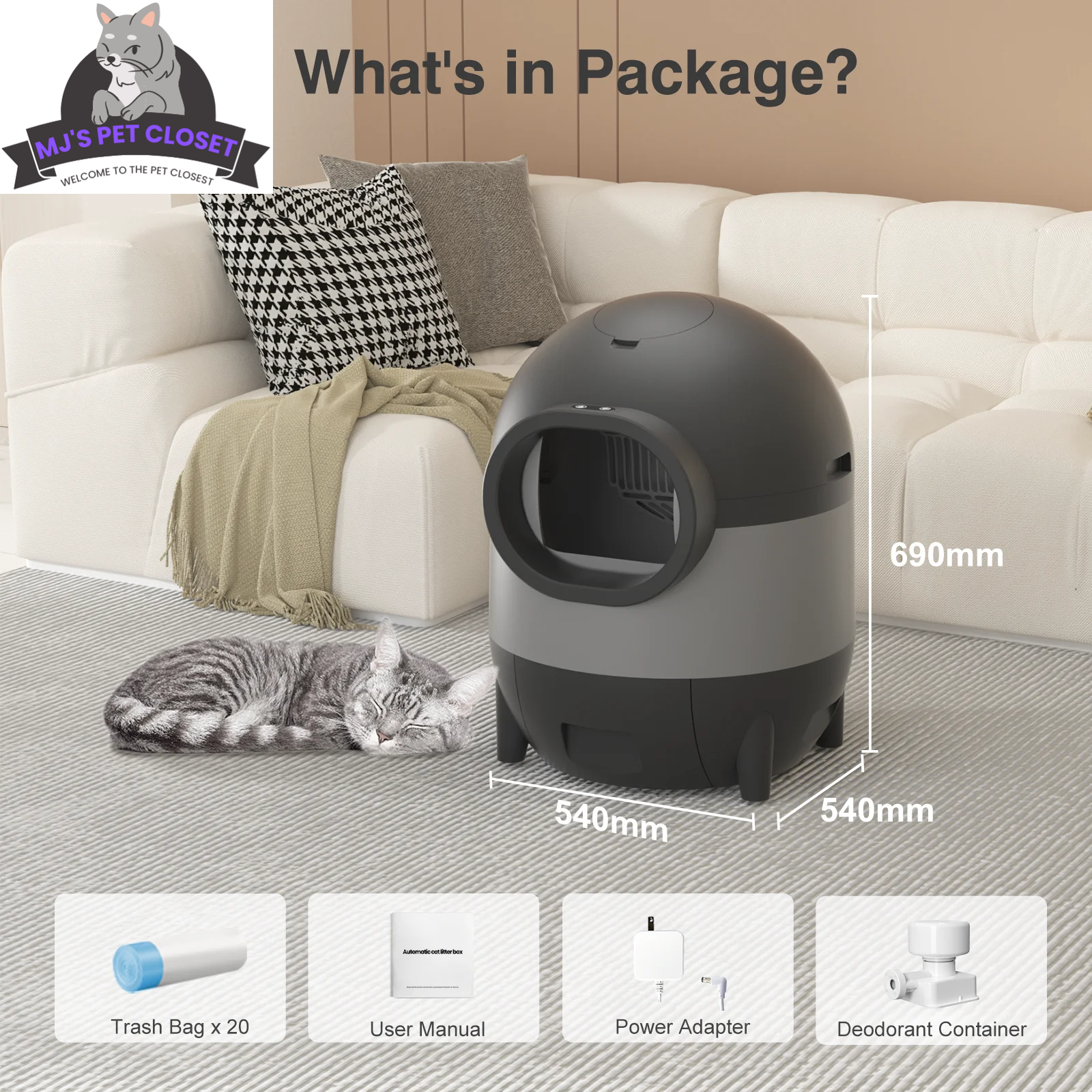 Self-Cleaning Cat Litter Box with App Control, 60L Capacity