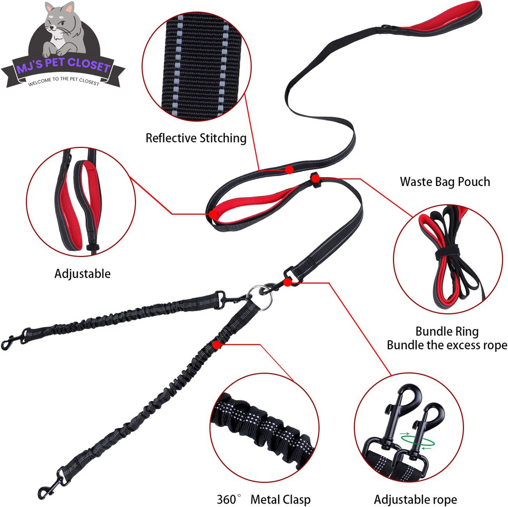 Double Dog Leash with Waist Belt and Reflective Stitching