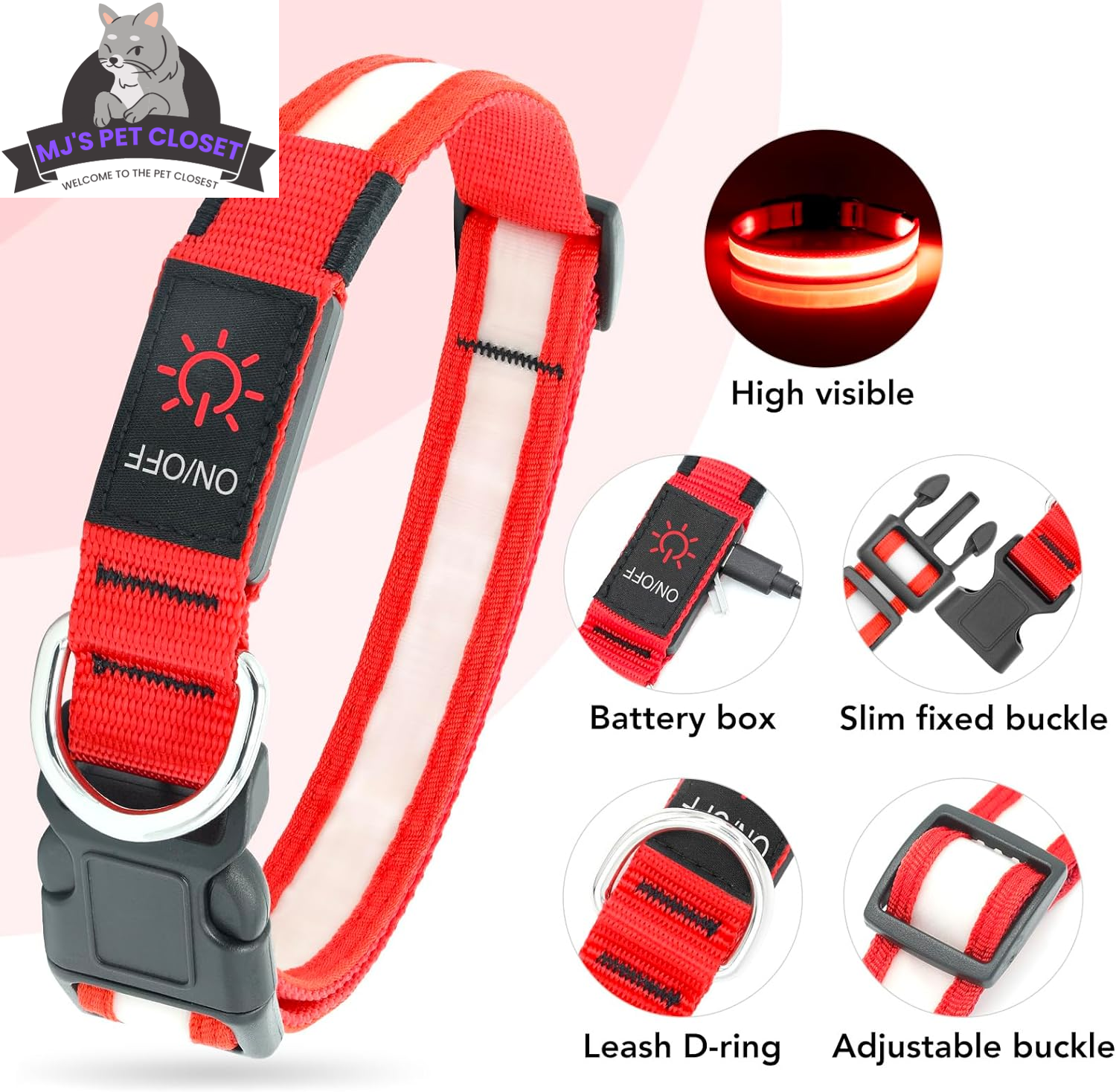 LED Dog Collar with USB Rechargeable Light, Adjustable Fit
