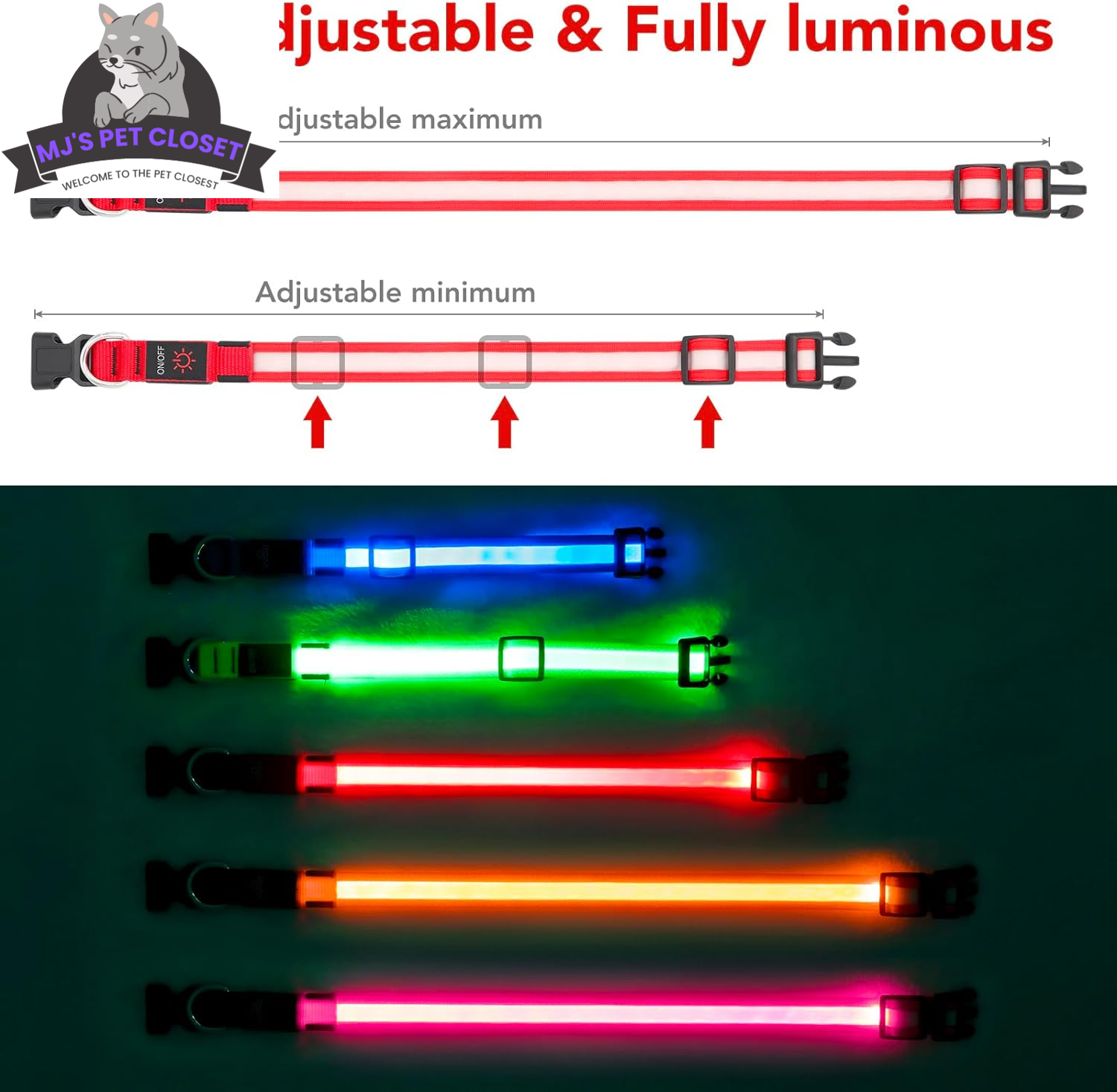 LED Dog Collar with USB Rechargeable Light, Adjustable Fit