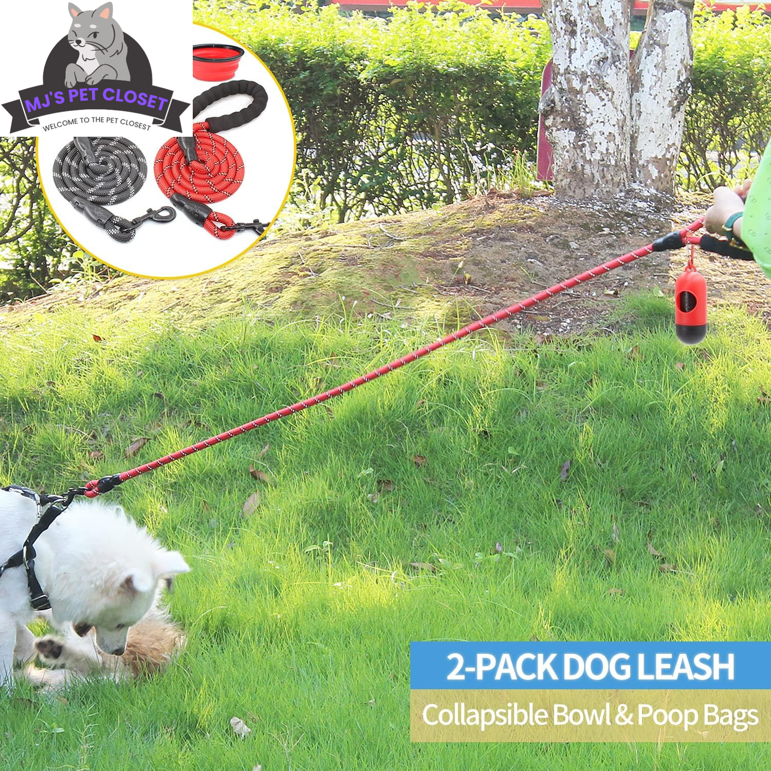 2-Pack 5ft Reflective Nylon Rope Dog Leash Set with Accessories