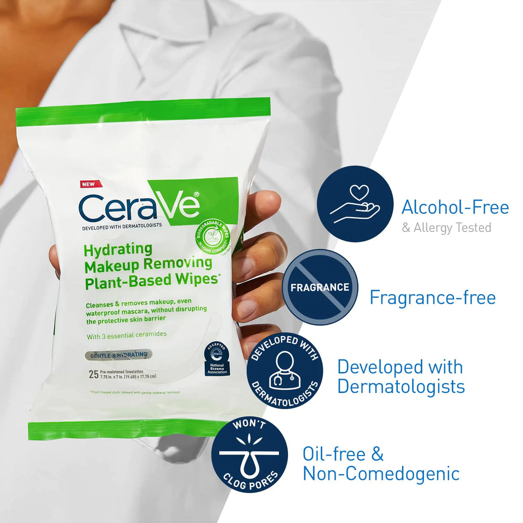 CeraVe Hydrating Makeup Remover Wipes for Sensitive Skin, 25 Pack